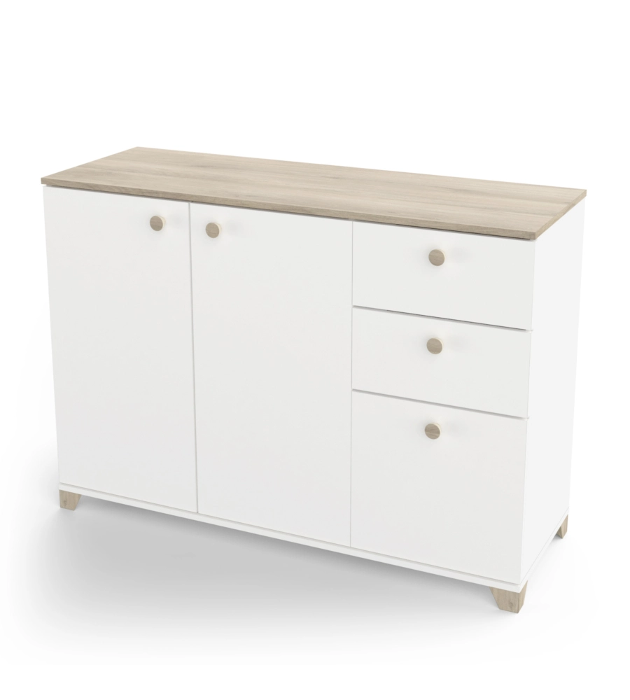 MOBILE MULTIUSO "IZZY" 3 ANTE E 2 CASSETTI BIANCO OPACO E QUERCIA, 119,6X41,9X85,1 CM